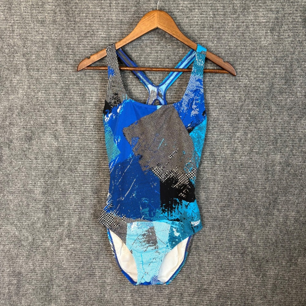 Speedo Endurance+ One Piece Swimsuit Blue Black Abstract Geometric Print Size 10
